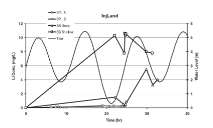 Variation of the concentration at various vertical locations at InjLand which is 1.6 m landward of the injection well.