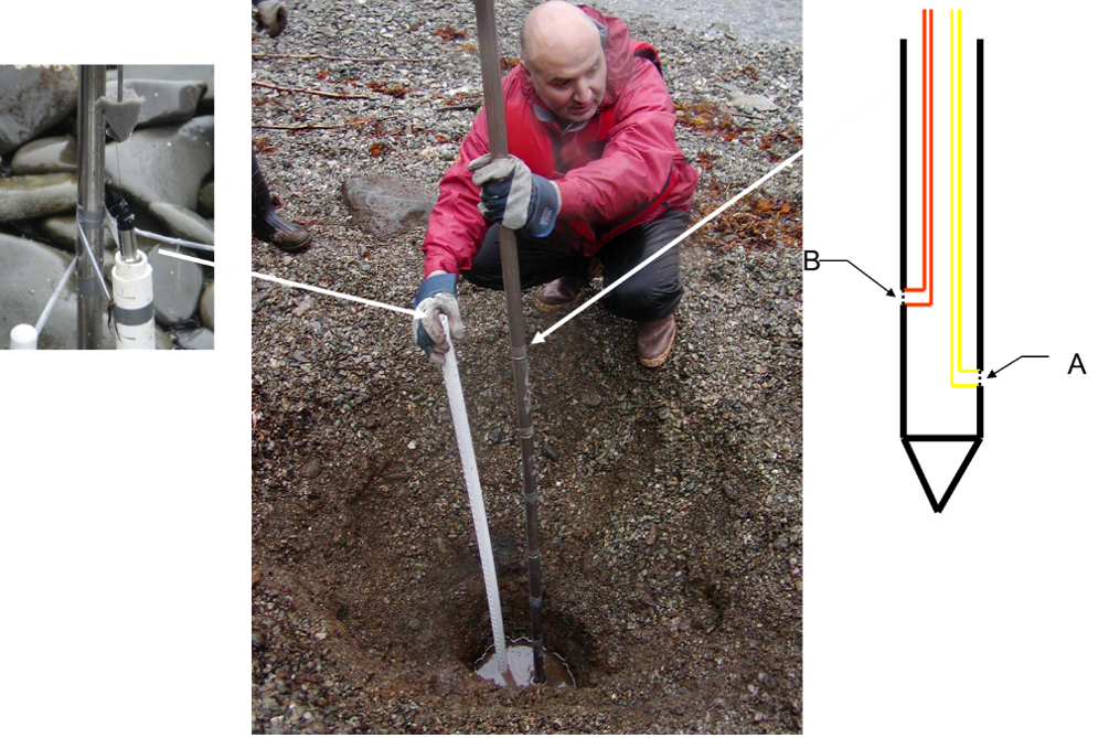 Pressure well (white PVC) and multiport sampling well.