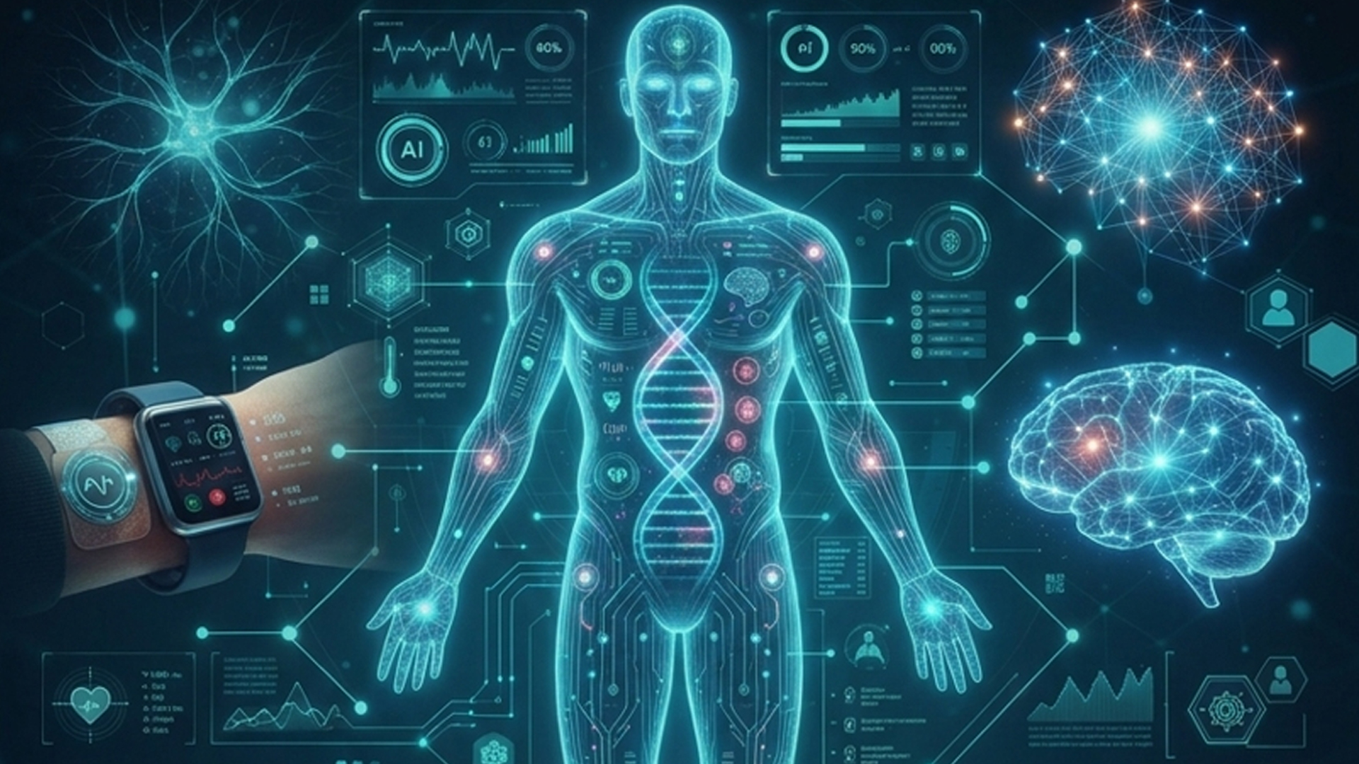 Digital diagram of human body, brain, and wrist watch