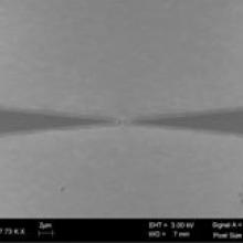 (c) A bridge spanning between the electrodes (the bar length is 1 micron)